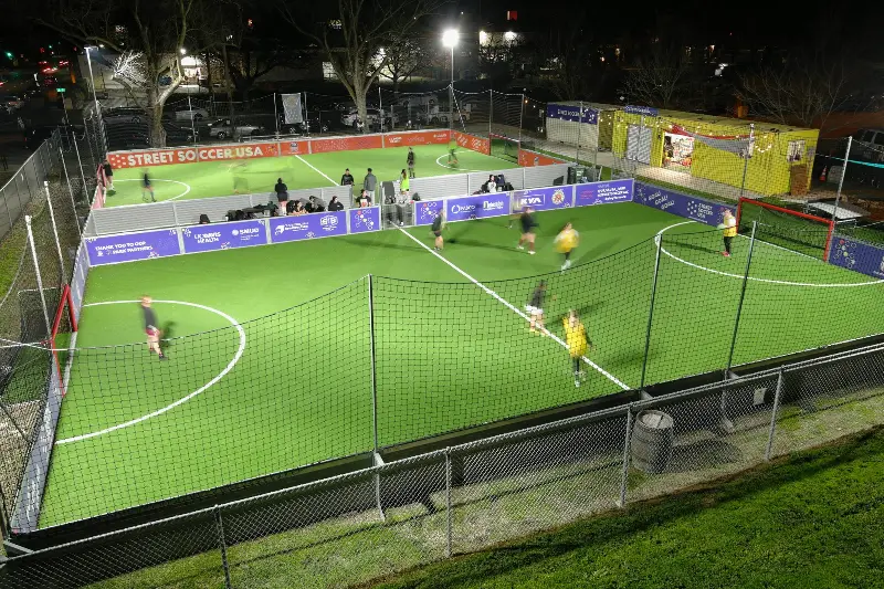 Two floodlit fields at the Street Soccer USA Park in Sacramento