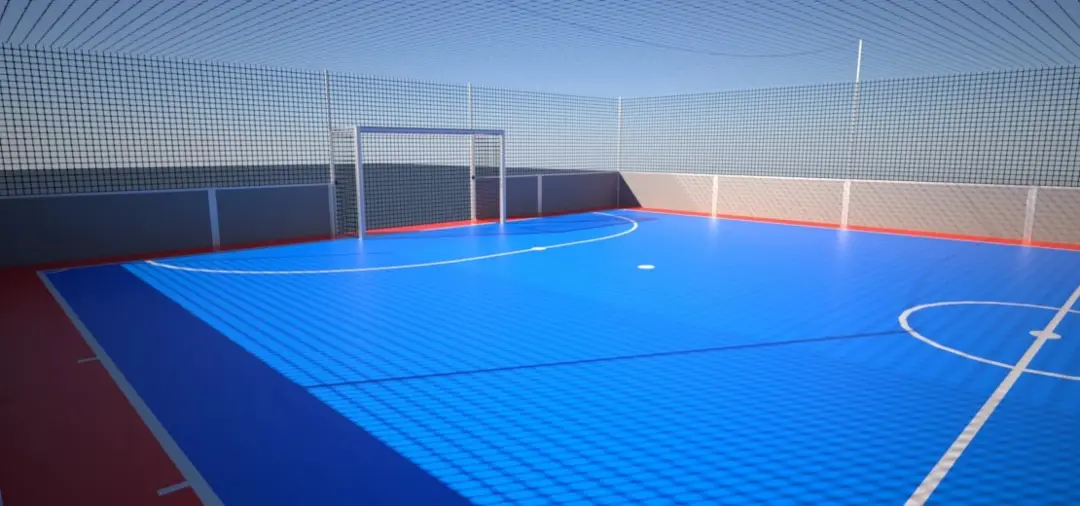 Rendering of a futsal goal in a SoccerGround court with a blue sports surface