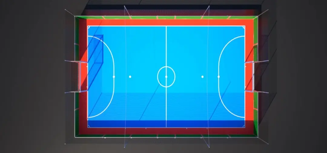 Rendering of a SoccerGround futsal court from above: futsal lines, a run-off zone and boards with nets all round